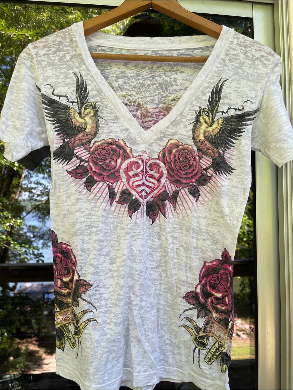 Sinful White burn out V-Neck Tee with Pink Rose & Bird Heart Graphic